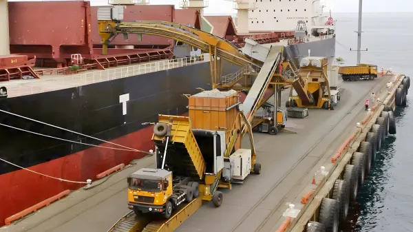mobile shiploader with cambered boom loading conveyor