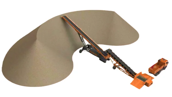 belt truck unloader for tracked radial stacker feeding